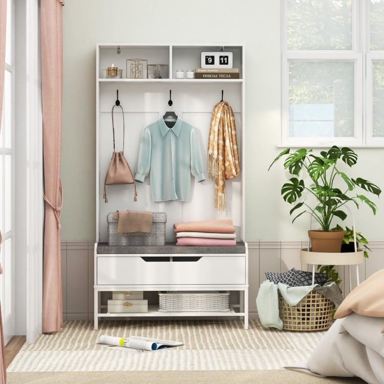 69-inch tall hall tree with coat rack, shoe storage, and cushion seat in white, ideal for entryway organization.