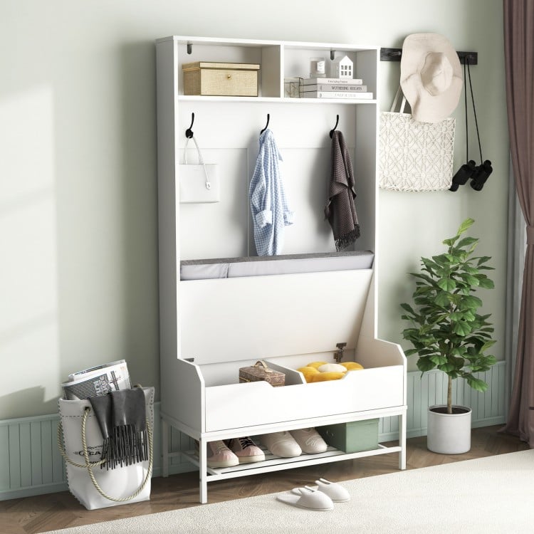 69-inch tall white hall tree featuring a shoe bench, coat hooks, and storage compartments for entryway organization.