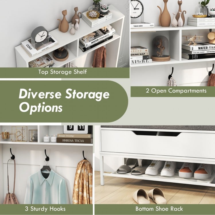 69-inch tall hall tree with a shoe rack, cushion seat, and 3 hooks for versatile entryway storage solutions.