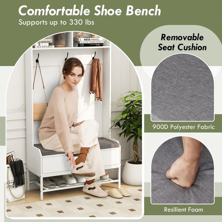 Comfortable shoe bench with removable seat cushion, supporting up to 330 lbs, ideal for entryway storage solutions.