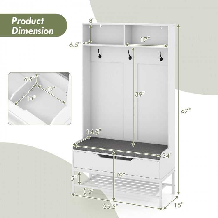 69-inch tall hall tree with coat rack, shoe storage, and seat cushion in white, ideal for entryway organization.