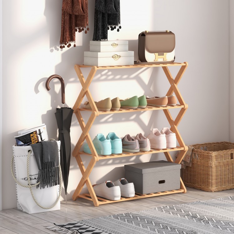 4-tier foldable bamboo shoe rack with slatted shelves, showcasing natural texture, ideal for entryways and compact.