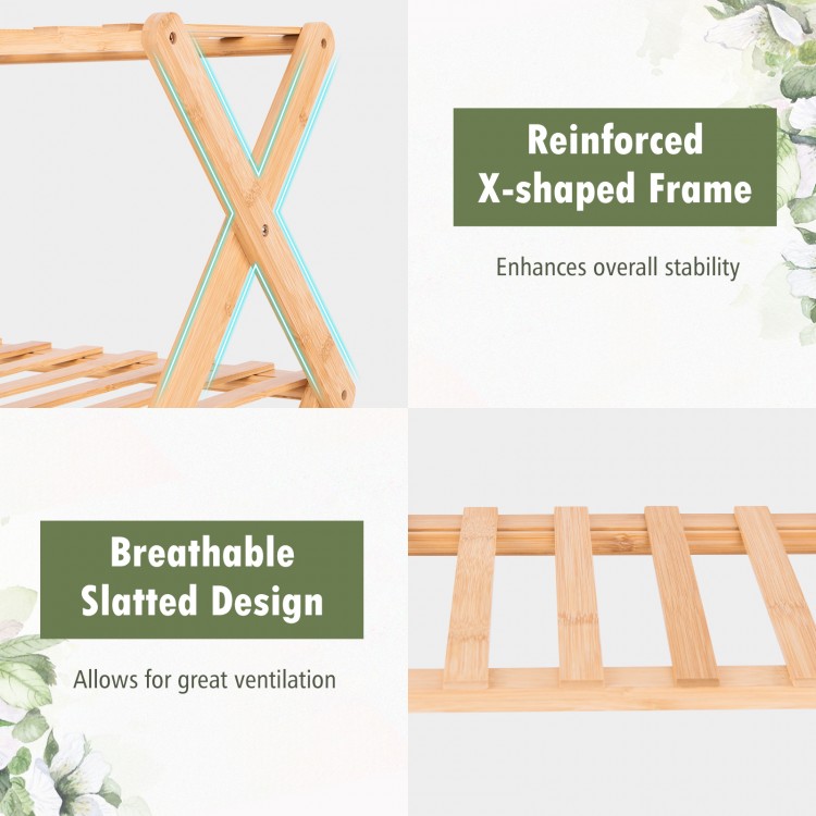 Reinforced X-shaped frame and breathable slatted design of the 4-tier foldable bamboo shoe rack for stable storage.
