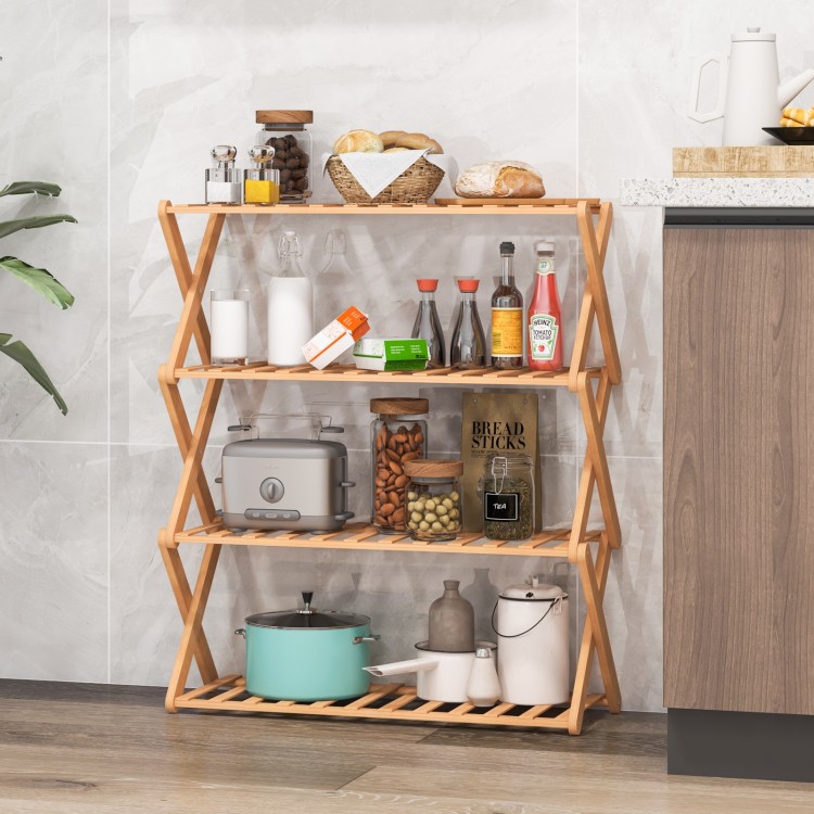 4-tier foldable bamboo shoe rack with slatted shelves, natural finish, ideal for entryways and compact storage.