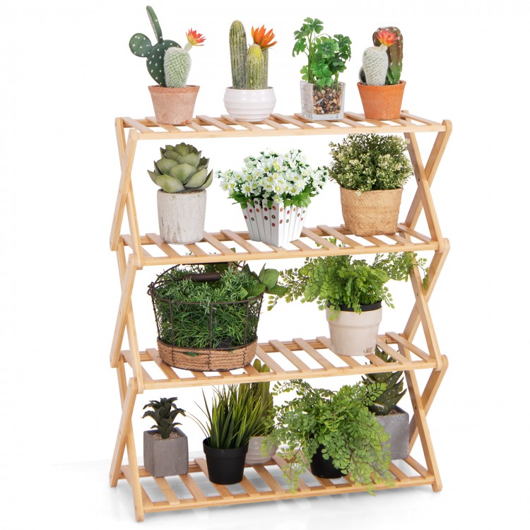 4-tier foldable bamboo shoe rack with slatted shelves, showcasing natural texture for versatile room decor and easy.