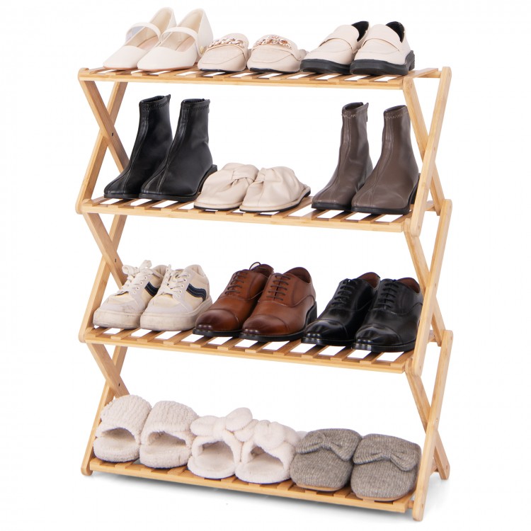 4-tier foldable bamboo shoe rack with slatted shelves, natural finish, perfect for organizing shoes in any room.