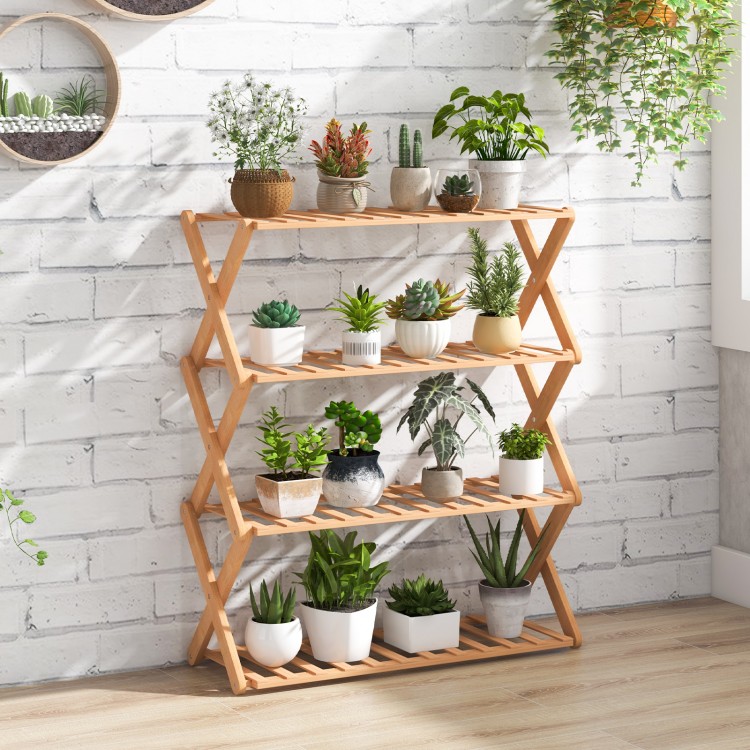 4-tier foldable bamboo shoe rack with slatted shelves, perfect for organizing shoes in entryways or living rooms.
