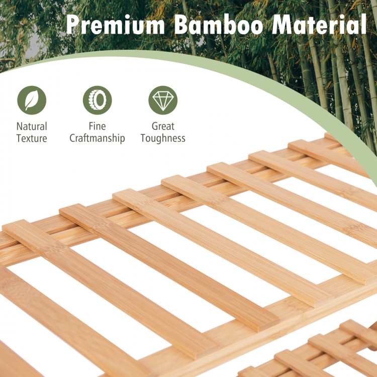 Close-up of the 4-tier foldable bamboo shoe rack showcasing natural texture and slatted design for ventilation.