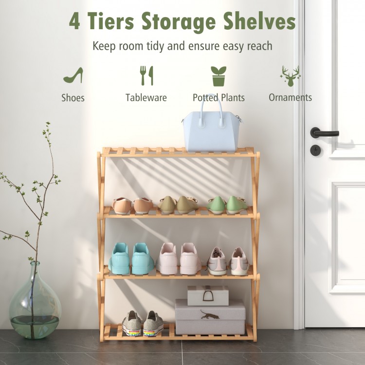Side view of the 4-tier foldable bamboo shoe rack, highlighting its lightweight design and spacious shelving for shoe.