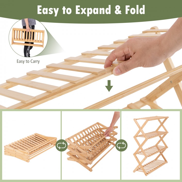 4-tier foldable bamboo shoe rack with slatted shelves, easy to expand and fold, perfect for entryways and bedrooms.
