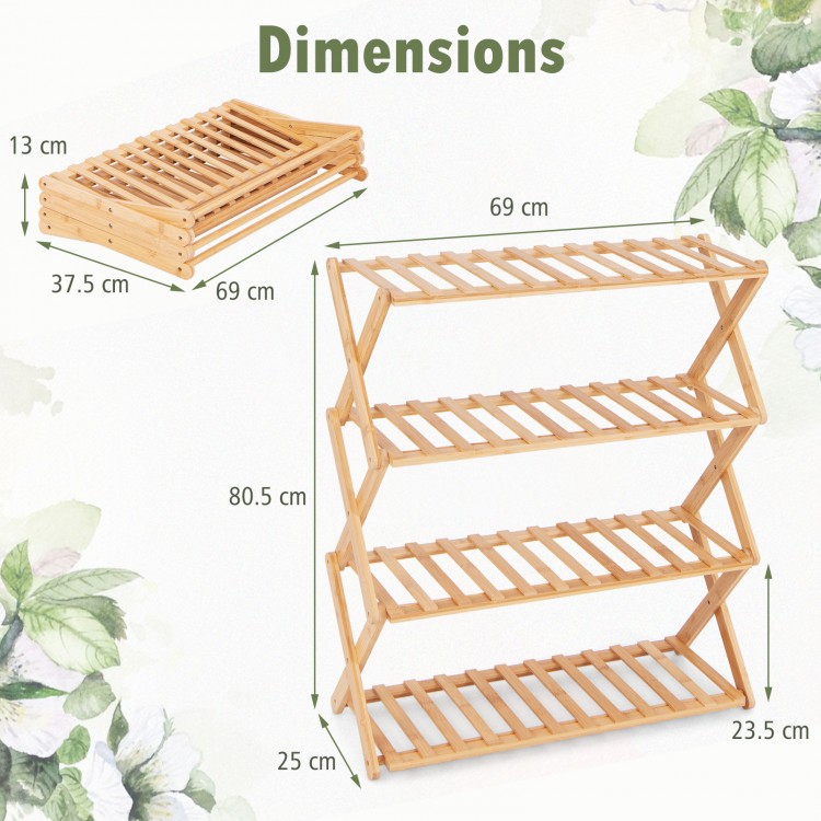 4-tier foldable bamboo shoe rack with slatted shelves, showcasing dimensions for easy storage and organization in any.