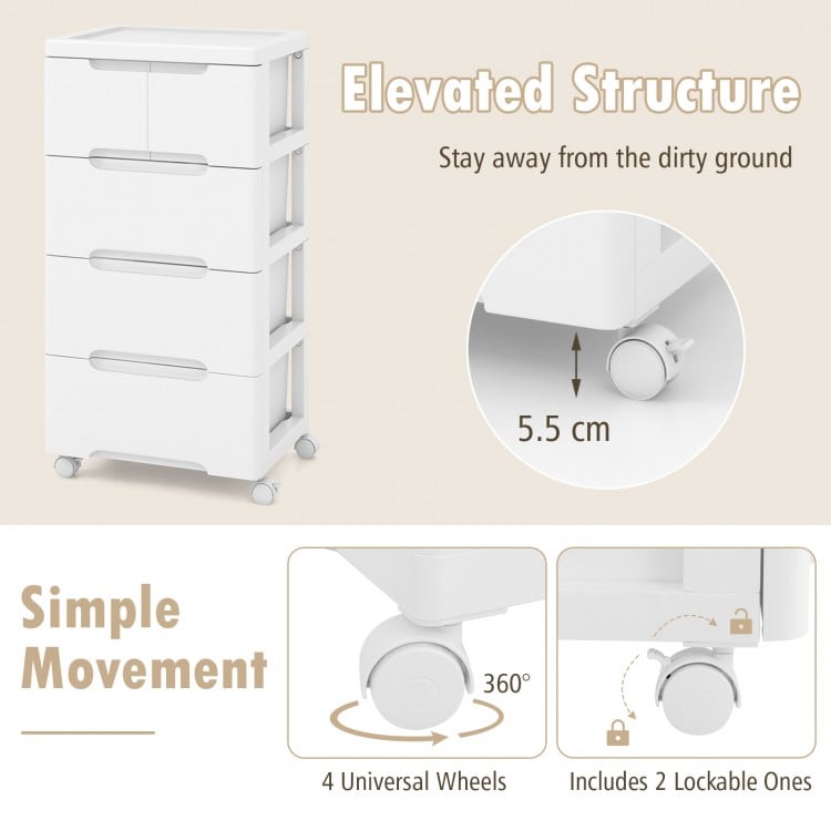 Rolling storage cabinet with 5 drawers, elevated structure, and universal wheels for easy movement and organization.