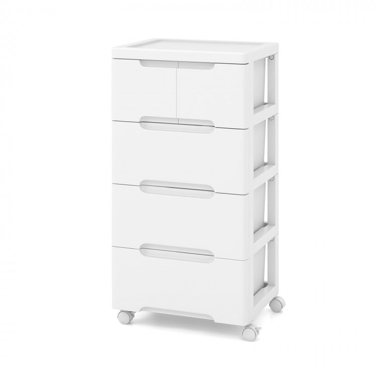 Rolling storage cabinet with 5 drawers in white, featuring universal wheels for easy mobility, ideal for art studios or.