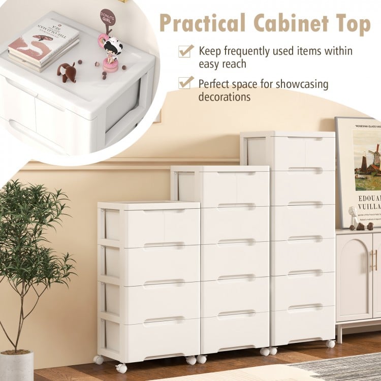Rolling storage cabinet with 5 drawers in white, featuring a practical top for easy access and universal wheels for.