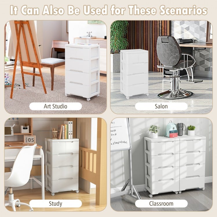 Rolling storage cabinet with 5 drawers, made of stain-proof PP material, ideal for art studios, salons, or classrooms.