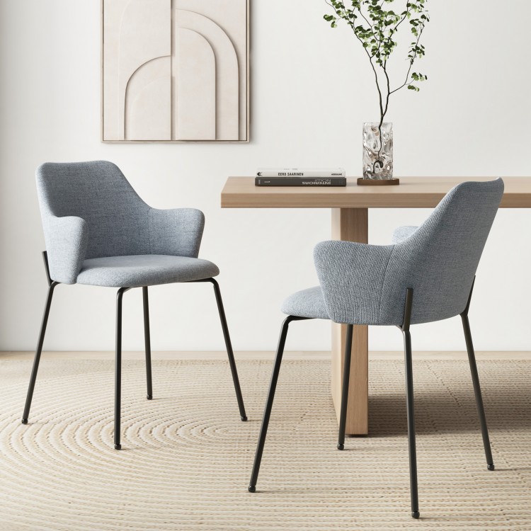 Set of 2 gray dining chairs with curved backrest and armrests, featuring a stable metal frame for optimal comfort.