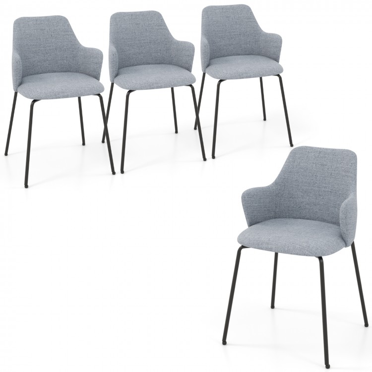Set of four gray dining chairs featuring curved backrests, wide seats, and armrests for optimal comfort and support.