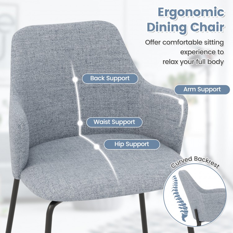 Curved backrest dining chair in gray with armrests, offering optimal support and cushioned comfort for dining.