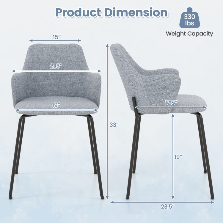 Curved backrest dining chair dimensions with gray fabric, sturdy metal frame, and 330 lbs weight capacity for comfort.