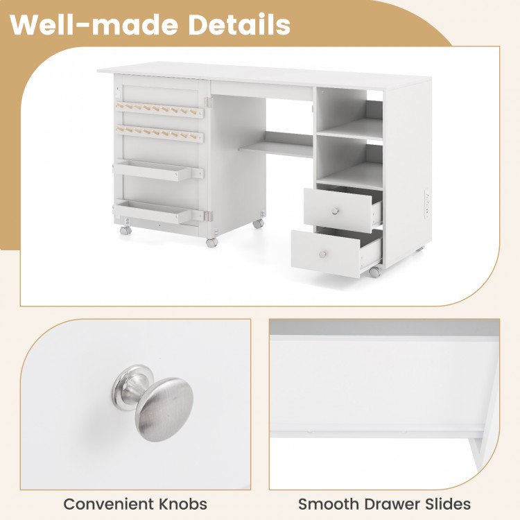 Folding sewing table in white with charging station, storage shelves, and convenient knobs for easy organization.