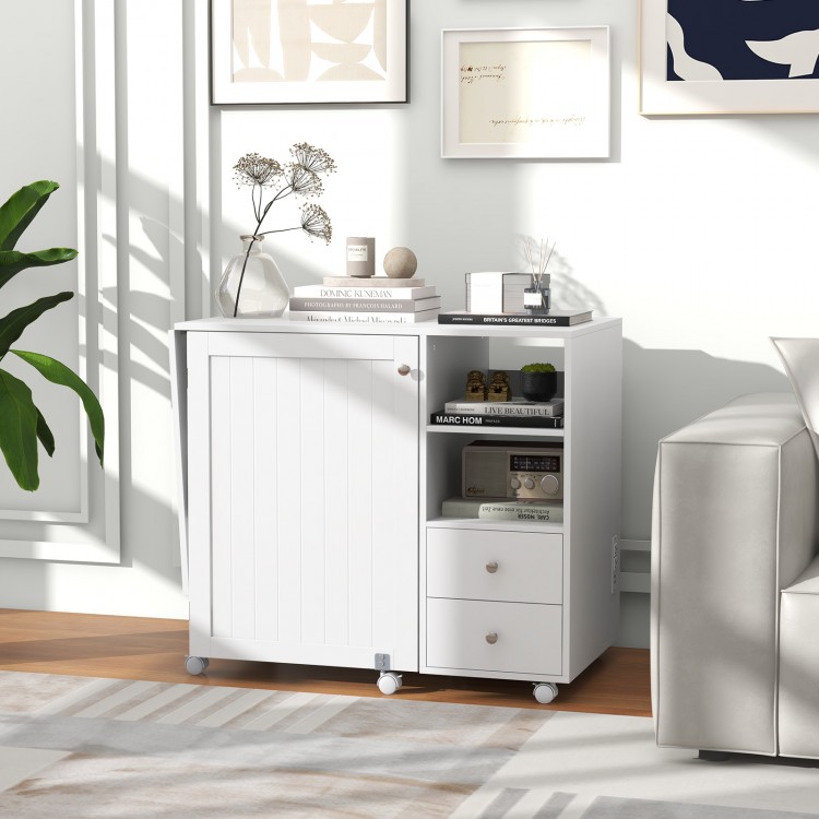 Folding sewing table in white with charging station, storage shelves, and casters for versatile workspace organization.