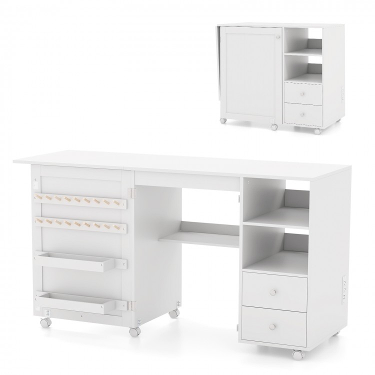 Folding sewing table in white with charging station, storage shelves, and 6 casters for easy mobility and organization.