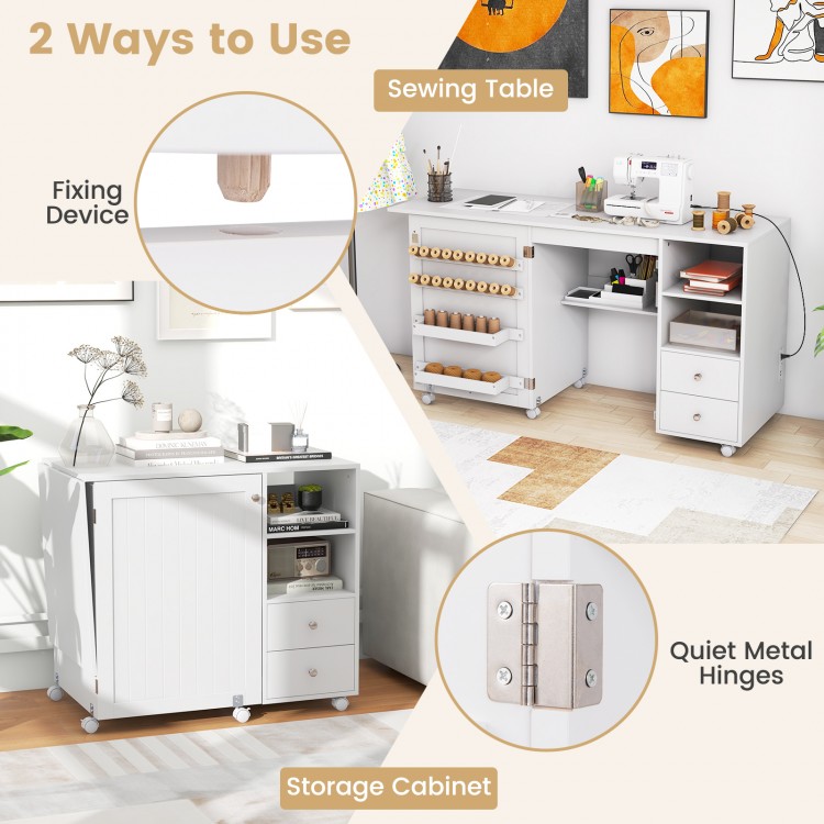 Folding sewing table in white with charging station, storage shelves, and quiet metal hinges for versatile use.