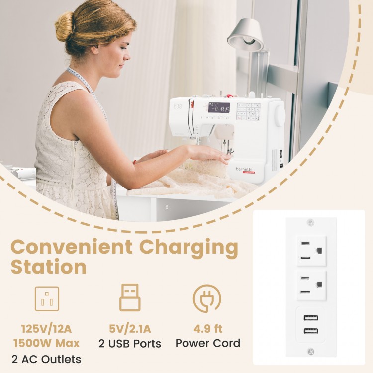 Folding sewing table with charging station, featuring 2 AC outlets and 2 USB ports for convenient device charging.