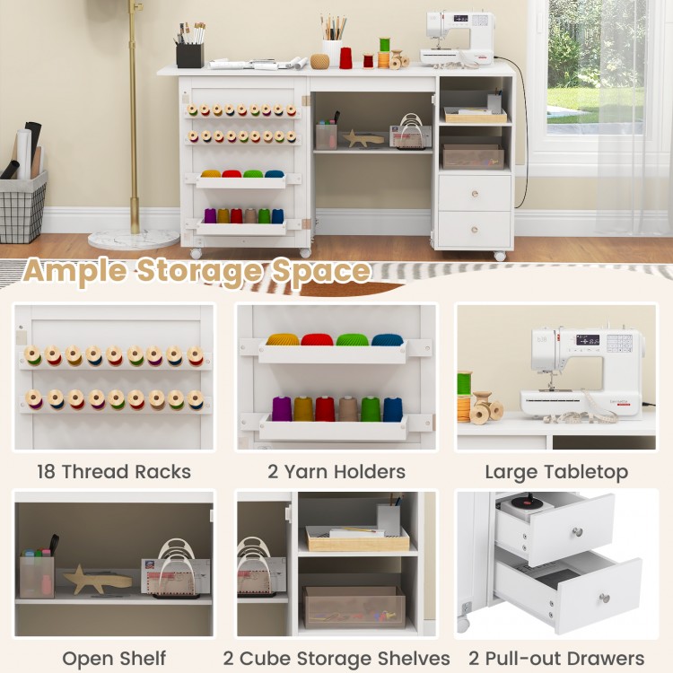 Folding sewing table in white with large tabletop, 18 thread racks, and ample storage for creative projects.