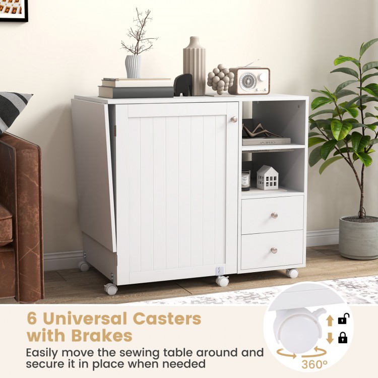 Folding sewing table in white with charging station, storage shelves, and 6 universal casters for easy mobility.
