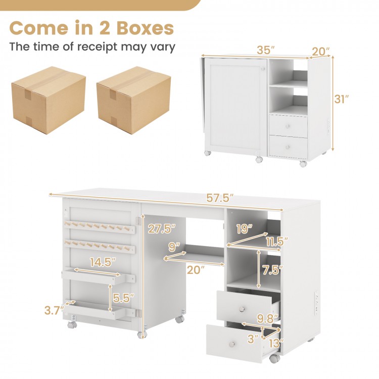 Folding sewing table in white with open shelf, pull-out drawers, and 2 yarn holders for organized crafting space.