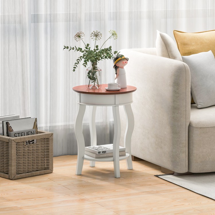Round end table with walnut top and white legs, featuring a storage shelf, perfect for living room or bedroom use.