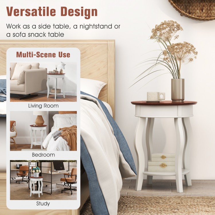 2-tier round end table with walnut wood grain and rubber wood legs, perfect for living room, bedroom, or office use.