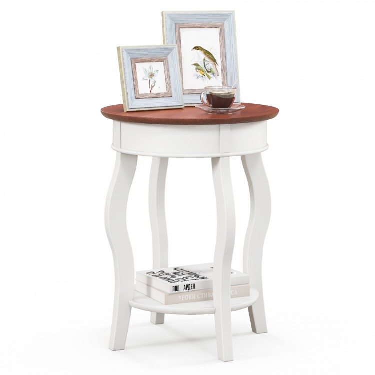 Round end table with walnut top and white rubber wood legs, featuring a storage shelf, ideal for living room or bedroom.