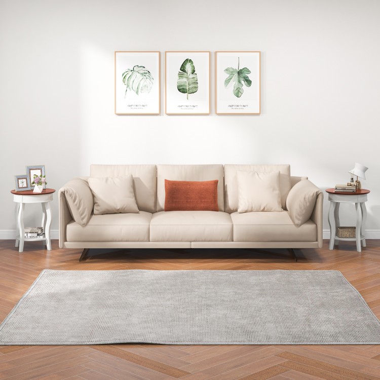 Round end table with walnut wood grain and rubber wood legs, perfect for living room or bedroom storage.