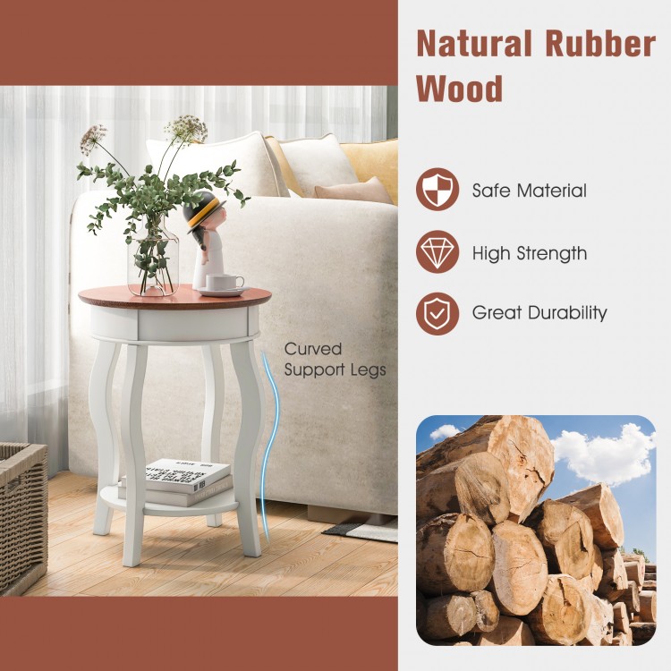 2-tier round end table with walnut finish, solid rubber wood legs, perfect for living room or bedroom storage.