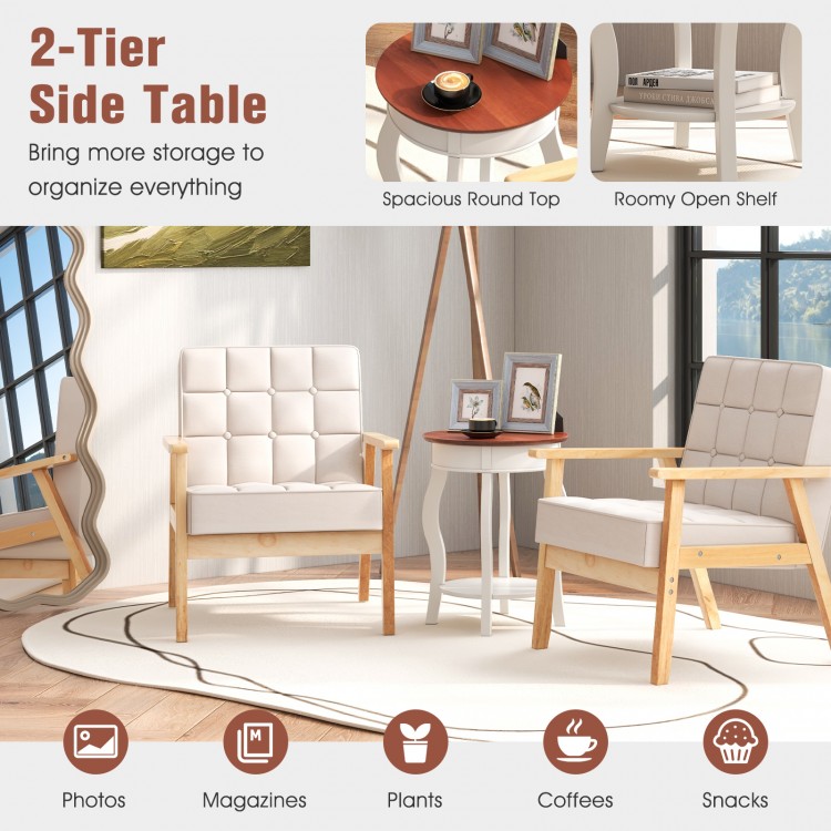 2-tier round end table with walnut wood grain, rubber wood legs, ideal for living room or bedroom storage.