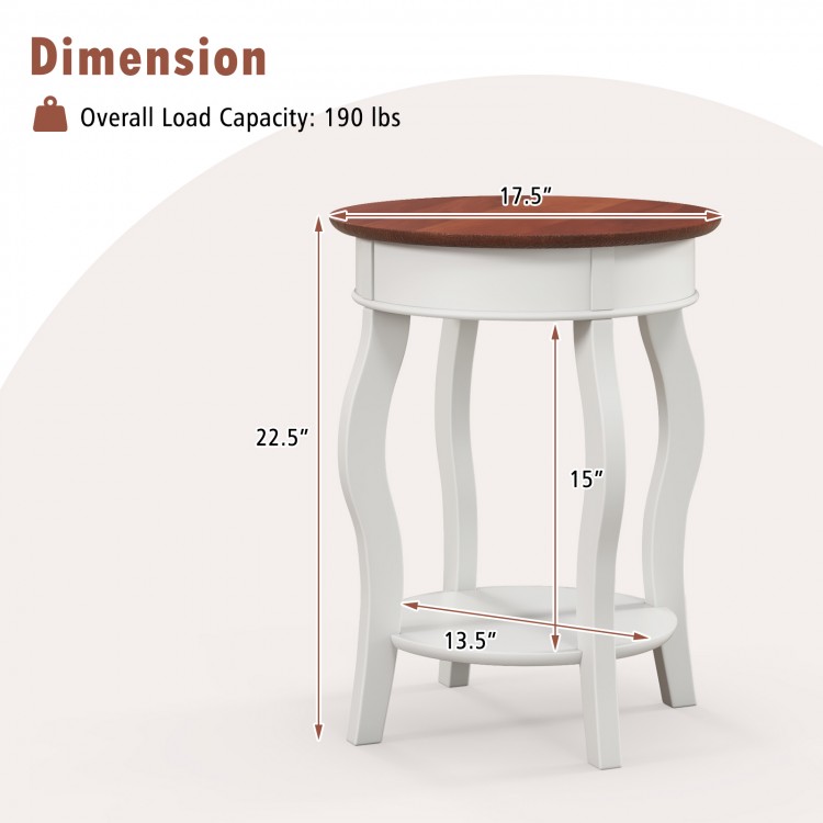 2-tier round end table with walnut wood grain, rubber wood legs, and storage shelf, ideal for living room or bedroom.