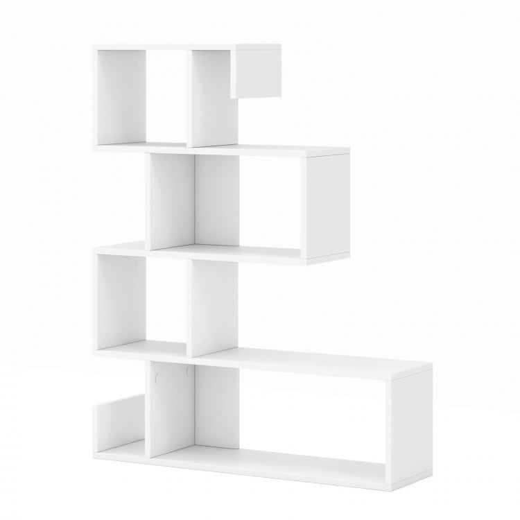 S-shaped 5-tier white bookshelf with open cubes, perfect for modern living rooms or offices, enhancing storage and.