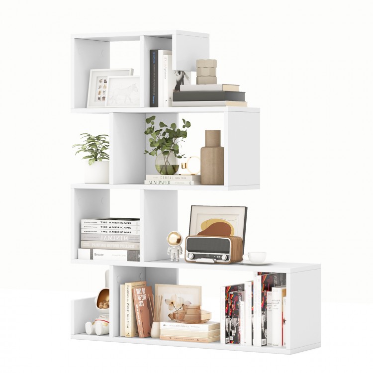 S-shaped 5-tier bookshelf in white, featuring open cubes for modern storage and display in living room or office.