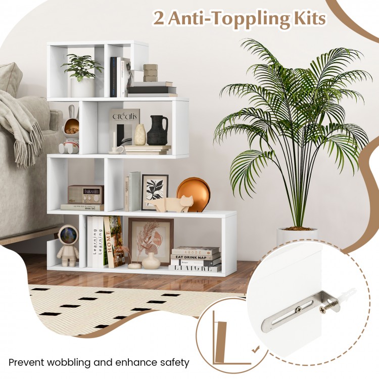 5-tier S-shaped bookshelf in white with open cubes, featuring anti-toppling kits for stability and safety in any room.