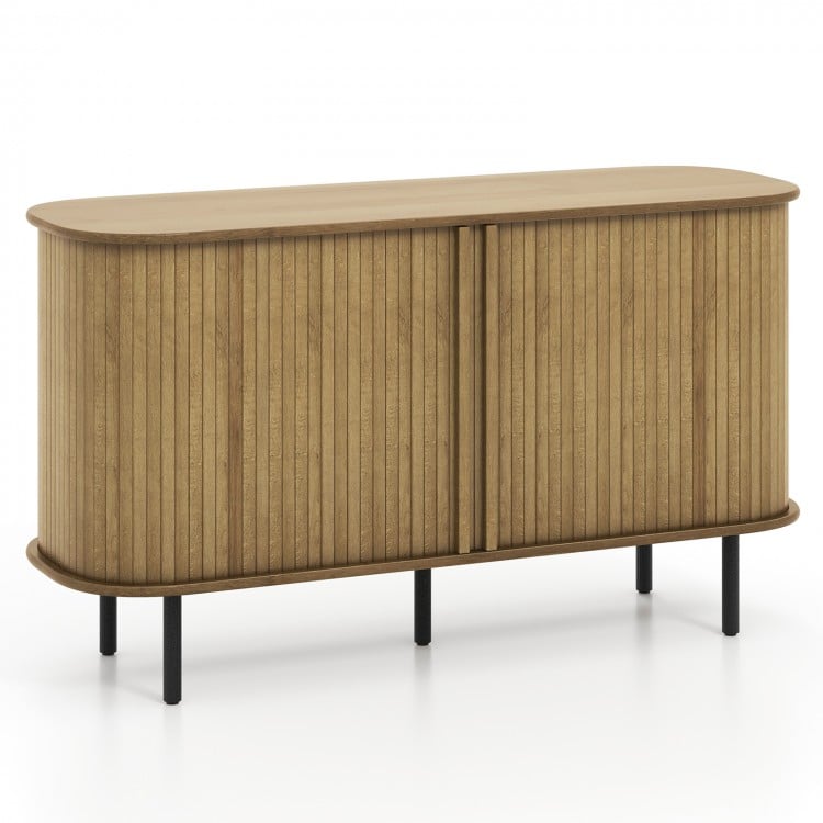 47-inch oak sideboard buffet cabinet with sliding tambour doors and adjustable shelves for kitchen or living room use.