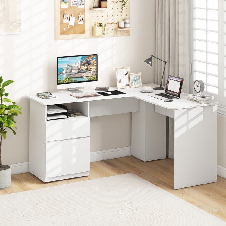 L-shaped white computer desk with spacious surface, file drawer, and cable management, ideal for home office.