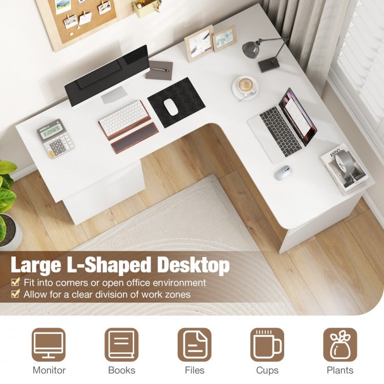 L-shaped computer desk in white with spacious desktop, letter file drawer, and efficient cable management for organized.