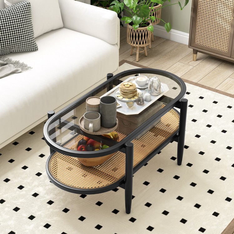 2-tier coffee table with tempered glass top and acacia wood frame, showcasing a stylish design perfect for modern.