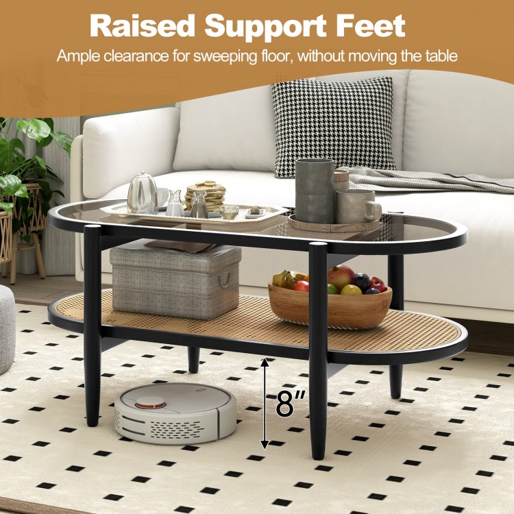 2-tier coffee table with tempered glass top and acacia wood frame, featuring ample clearance for easy floor sweeping.