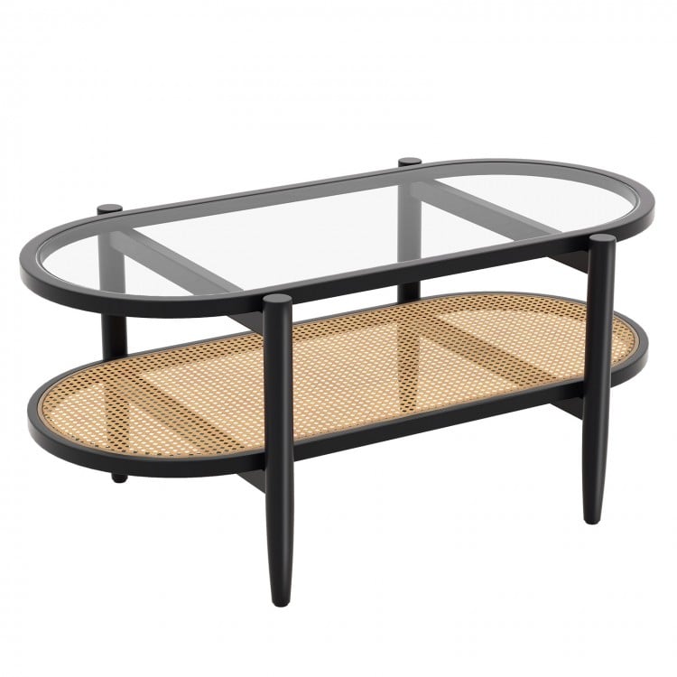2-tier coffee table with tempered glass top and acacia wood frame, featuring a rattan shelf for versatile storage.
