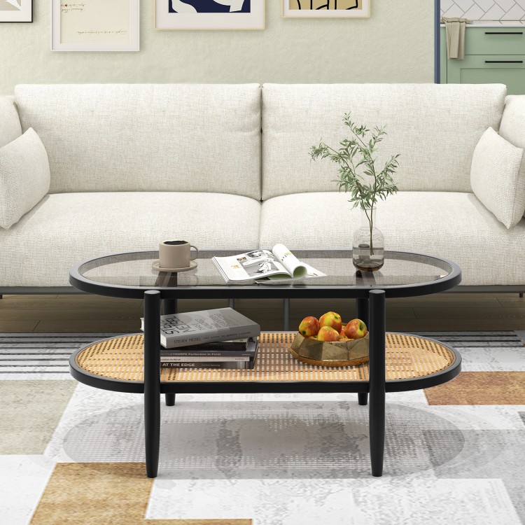 2-tier coffee table with tempered glass top and acacia wood frame, featuring storage shelves, ideal for living room use.