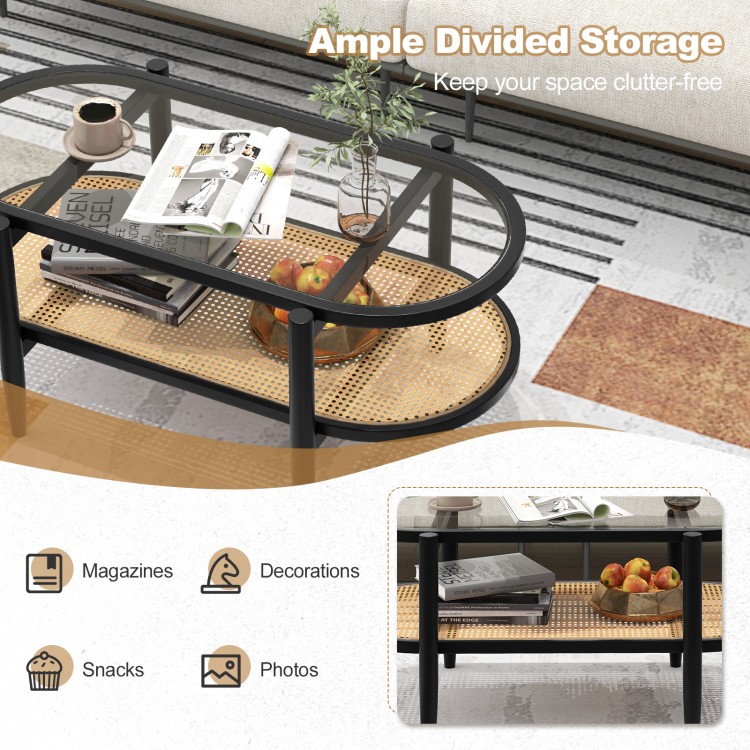 2-tier coffee table with tempered glass and acacia wood frame, featuring ample storage for magazines and decorations.