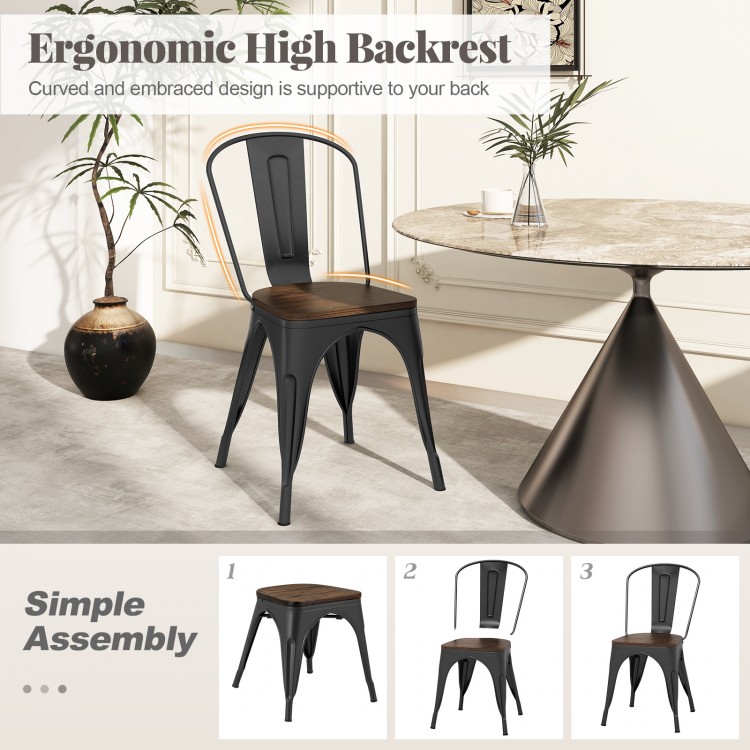 Tolix style black metal dining chair with ergonomic high backrest and wood seat, perfect for kitchen or bistro use.